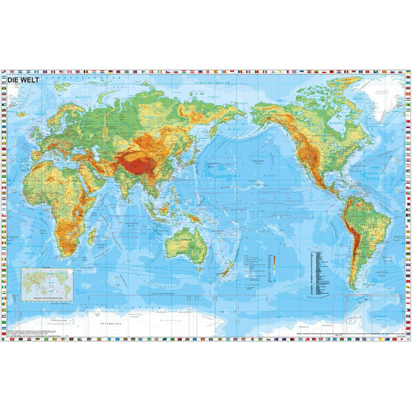 Mappemonde Stiefel Centrée physiquement sur le Pacifique, avec une bordure de drapeaux (98 x 68 cm)