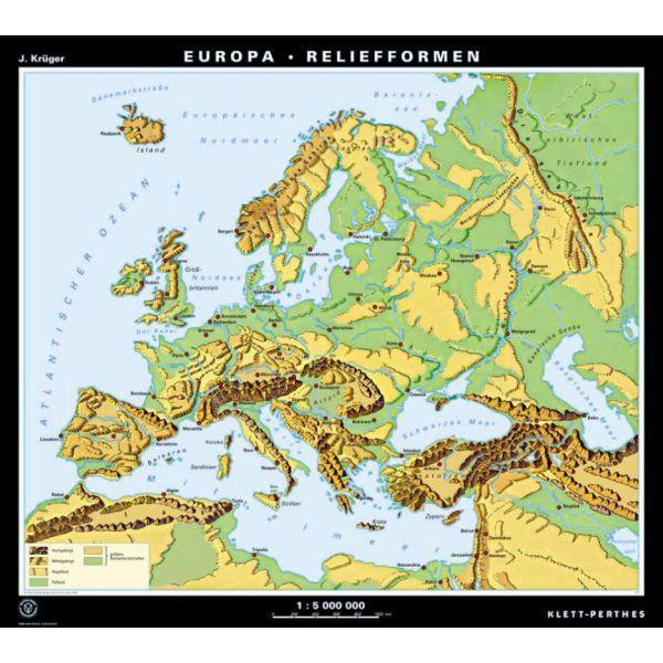 Carte des continents Klett-Perthes Verlag L'Europe formes de paysage/de décharge (P) 2-seitig