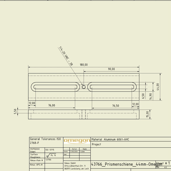 Omegon 180mm Rail à prisme avec vis