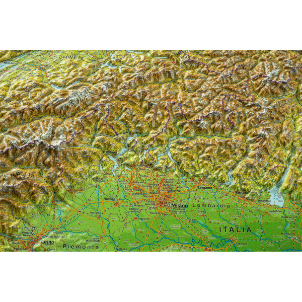 Georelief Regional-Karte Alpenbogen (77x57) 3D Reliefkarte mit Holzrahmen