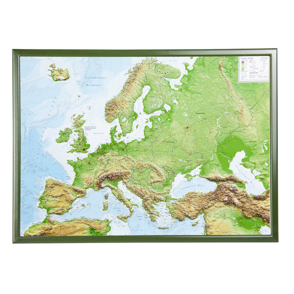 Georelief L'Europe grand format, carte en relief 3D avec cadre en bois