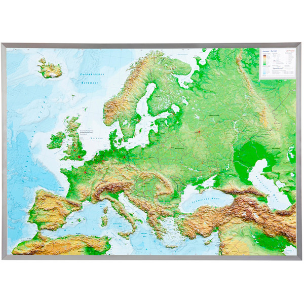 Georelief L'Europe grand format, carte géographique en relief 3D avec cadre en aluminium