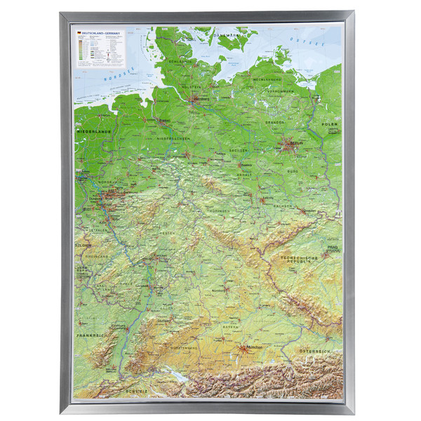 Georelief L'Allemagne grand format, carte géographique en relief 3D avec cadre en aluminium