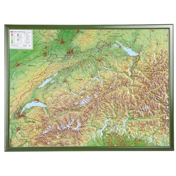 Georelief La Suisse grand format, carte géographique en relief 3D avec cadre en bois