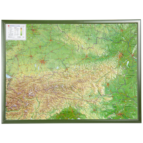 Georelief L'Autriche grand format, carte géographique en relief 3D avec cadre en bois