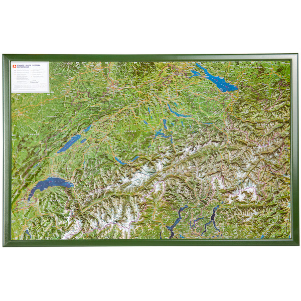 Carte géographique Georelief La Suisse vue aérienne avec cadre en bois