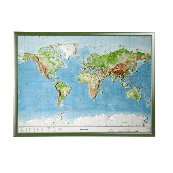 Mappemonde Georelief Carte relief 3D géographique du Monde, grand format avec cadre en bois