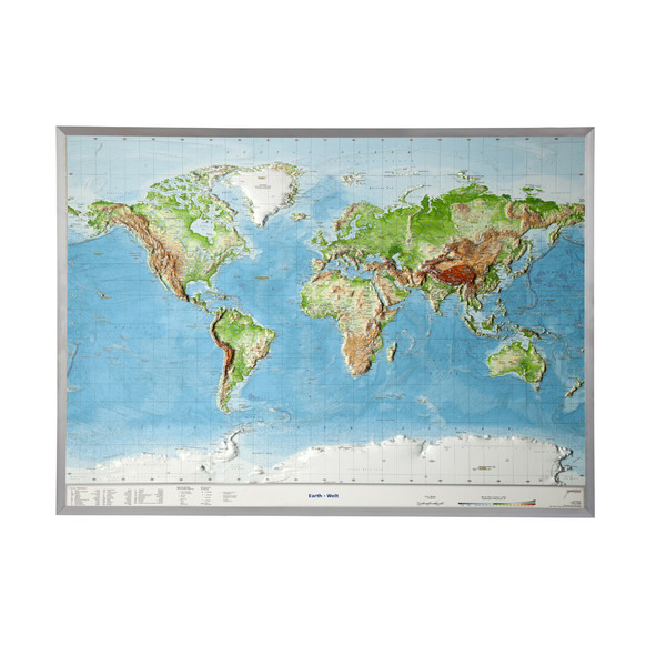 Georelief Weltkarte Welt groß, 3D Reliefkarte mit Alu-Rahmen, ENGLISCH