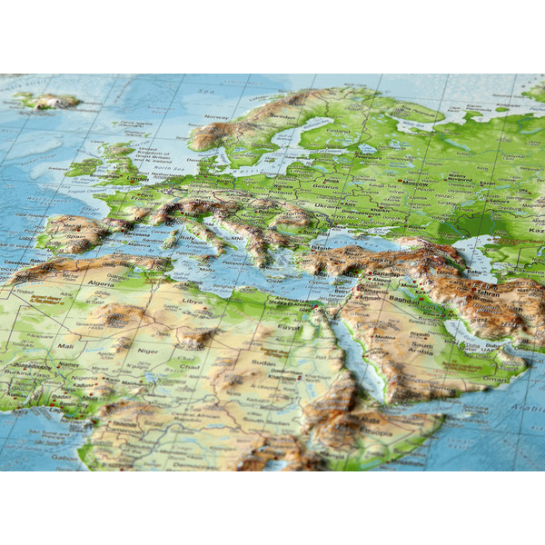 Georelief Weltkarte Welt groß, 3D Reliefkarte mit Alu-Rahmen, ENGLISCH