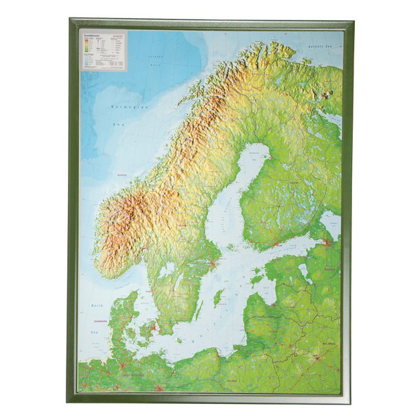 Georelief Grande carte en relief 3D de la Scandinavie avec cadre en plastique argenté