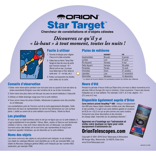 Carte du ciel Orion Planisphère Star Target 40 à 60 degrés