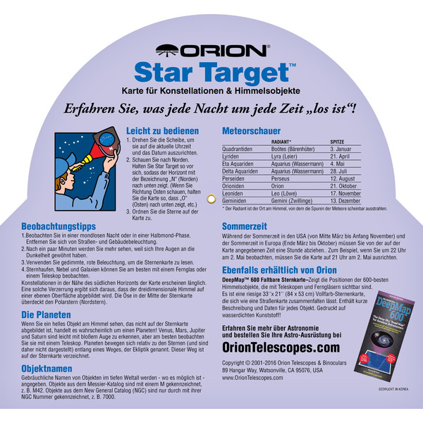 Carte du ciel Orion Drehbare Sternkarte Star Target für 40°-60° nord