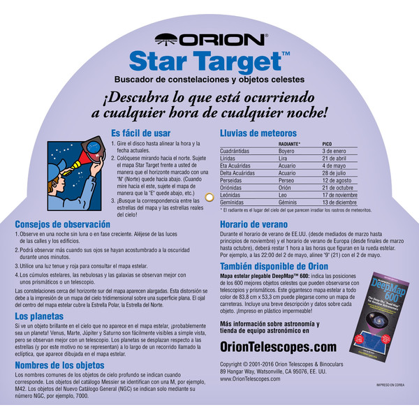 Orion Sternkarte Star Target para latitudes de 30° a 50° N