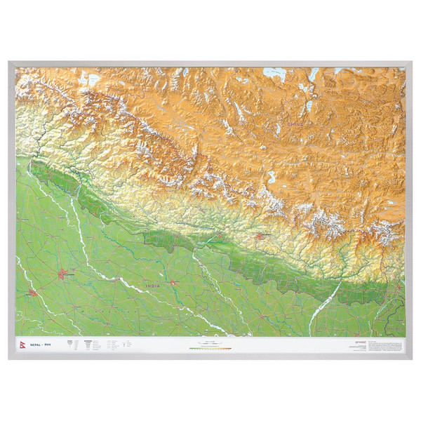Carte régionale Georelief Nepal groß 3D mit Aluminiumrahmen
