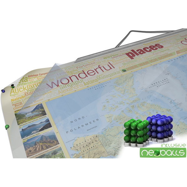 Mappemonde Bacher Verlag World map for your journeys "Places of my life" small including NEOBALLS