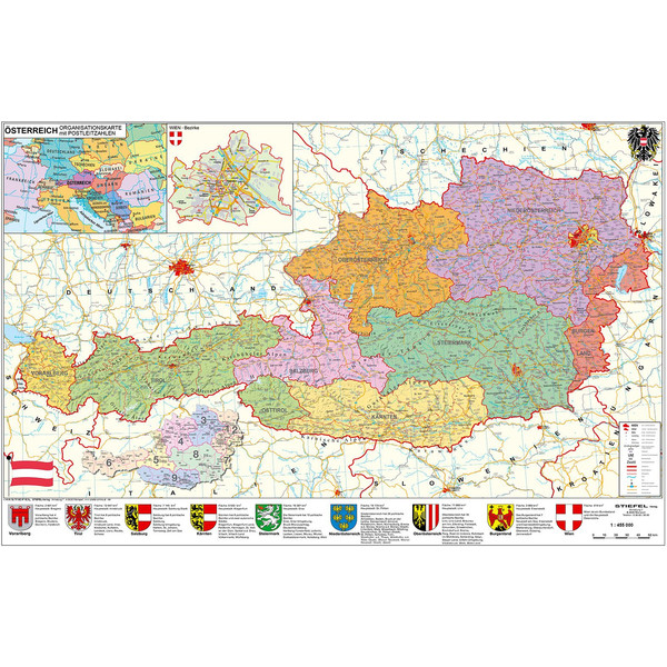Carte géographique Stiefel PLZ- & Organisationskarte Österreich politisch (137 x 89 cm)