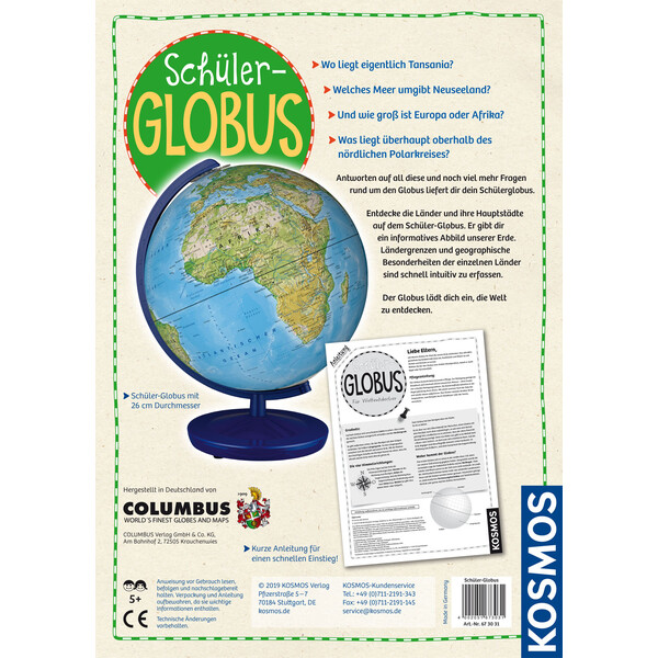 Globe pour enfants Kosmos Verlag Schülerglobus physisch 26cm