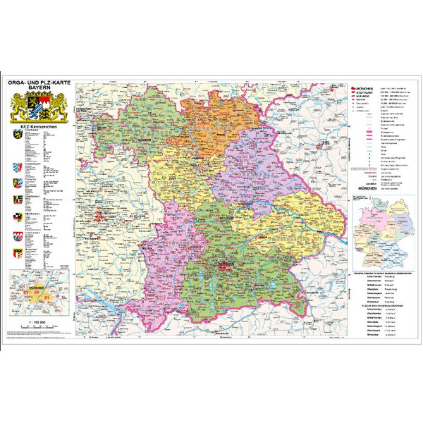 Carte régionale Stiefel Bayern politisch mit Postleitzahlen