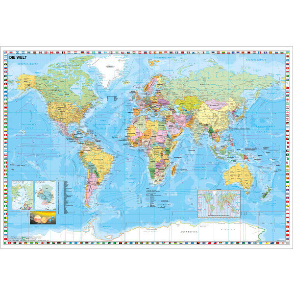 Stiefel Weltkarte politisch mit Flaggenrand (137x89) auf Platte zum Pinnen und magnethaftend