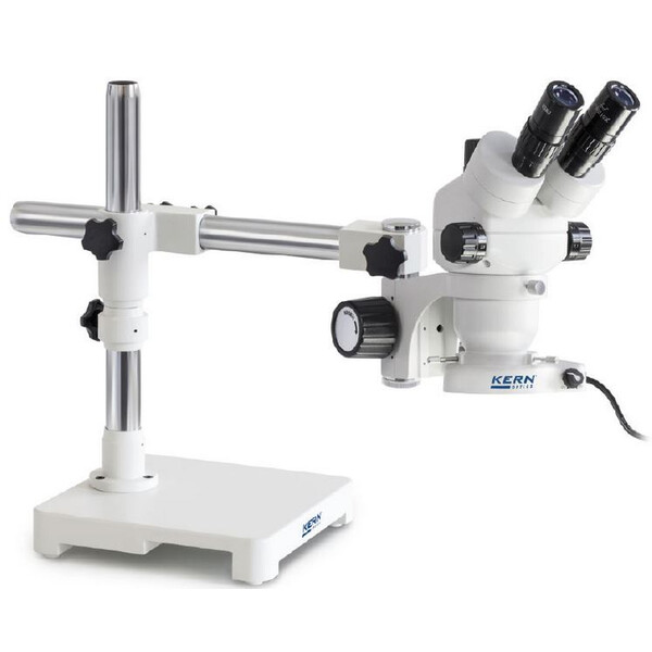 Microscope stéréo zoom Kern OZM 902, binoculaire, 7x-45x, HSWF, Trépied, Bras simple avec plateau de table, Lampes annulaires LED 4,5 W