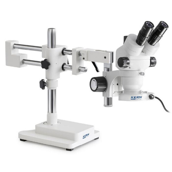Microscope stéréo zoom Kern OZM 923, trino, 7-45x, HSWF 10x23 mm, Trépied à double bras, 430x480mm, avec plateau de table, Lampes annulaires LED 4,5 W