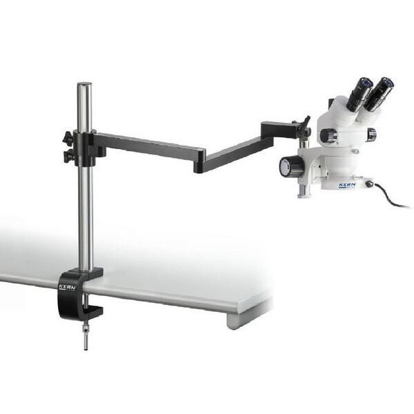 Microscope stéréo zoom Kern OZM 953, trino, 7-45x, HSWF 10x23 mm, Statif industriel, Pince de table, Lampes annulaires LED, 4,5 W