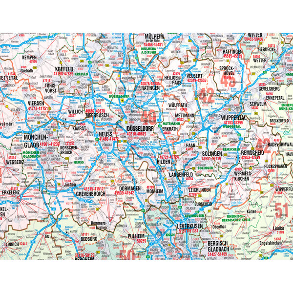 Carte régionale Bacher Verlag Rhénanie du Nord-Westphalie avec codes postaux (152 x 150 cm)