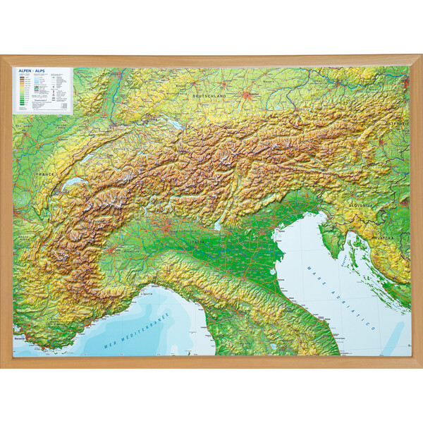 Georelief L'Arc Alpin grand format, carte géographique en relief 3D avec cadre en bois