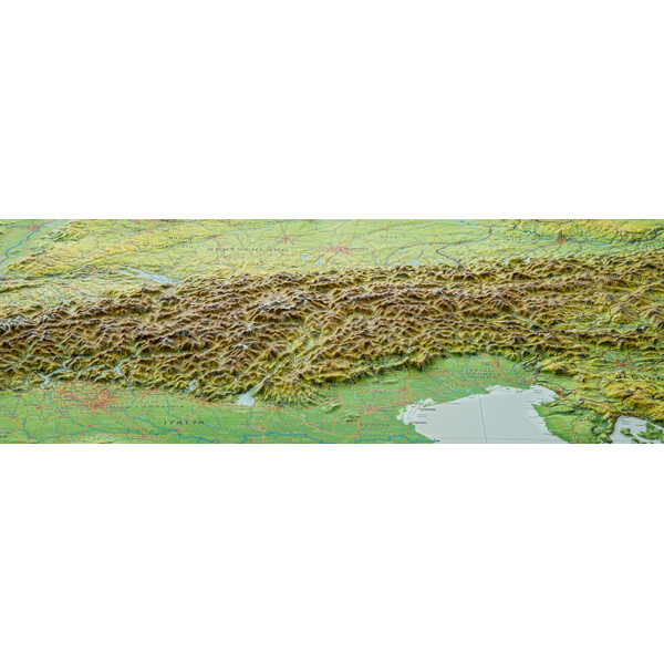 Georelief L'Arc Alpin grand format, carte géographique en relief 3D avec cadre en bois