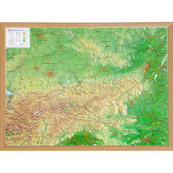 Georelief L'Autriche grand format, carte géographique en relief 3D avec cadre en bois