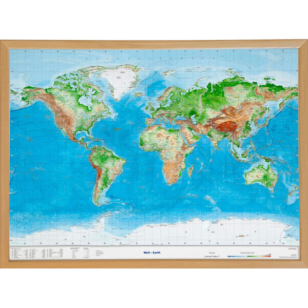 Mappemonde Georelief Carte mondiale grand format, en relief 3D avec cadre en bois