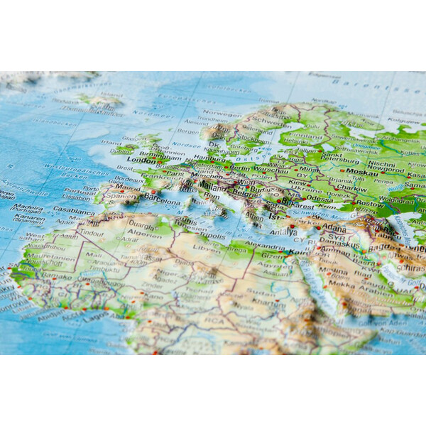 Mappemonde Georelief Carte mondiale grand format, en relief 3D avec cadre en bois