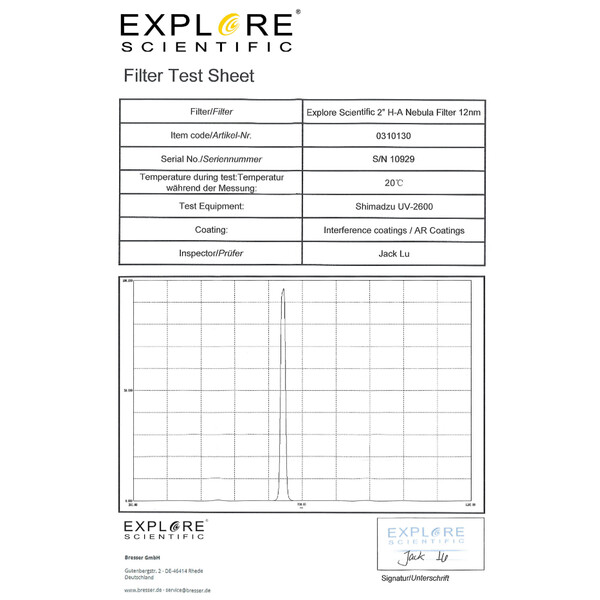 Filtre Explore Scientific H-alpha 12nm 2"