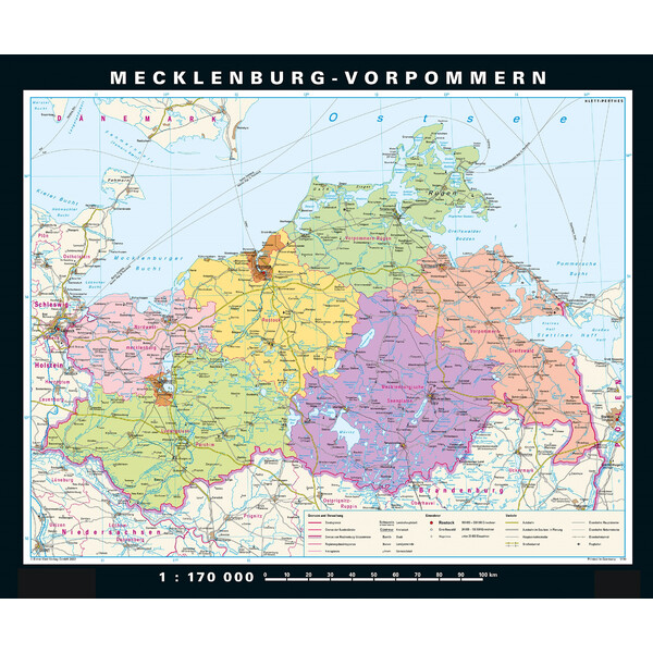 Carte régionale PONS Mecklembourg-Poméranie occidentale physique/politique (178 x 148 cm)