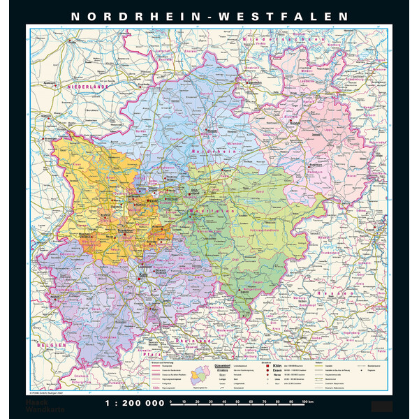 Carte régionale PONS Rhénanie du Nord-Westphalie physique/politique (148 x 155 cm)