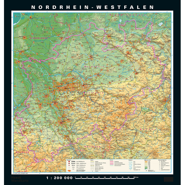 Carte régionale PONS Rhénanie du Nord-Westphalie physique/politique (148 x 155 cm)