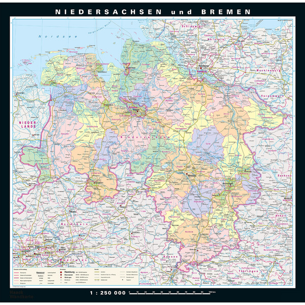 Carte régionale PONS Basse-Saxe et Brême physique/politique (148 x 150 cm)