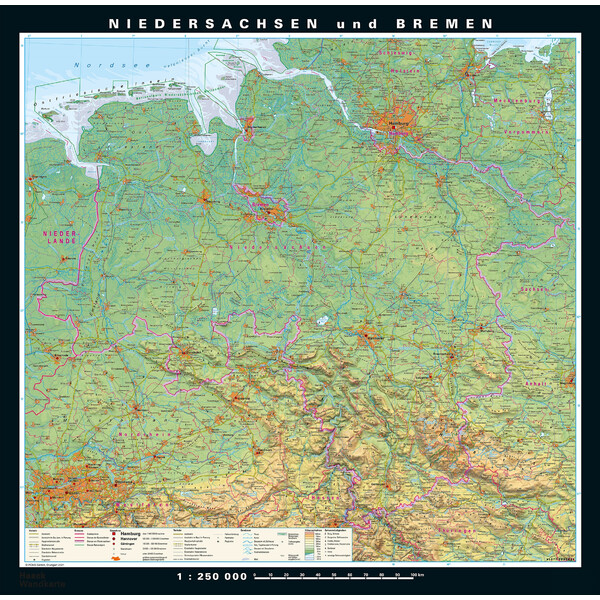 Carte régionale PONS Basse-Saxe et Brême physique/politique (148 x 150 cm)