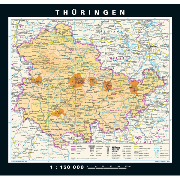 Carte régionale PONS Thüringen physisch/politisch (148 x 150 cm)
