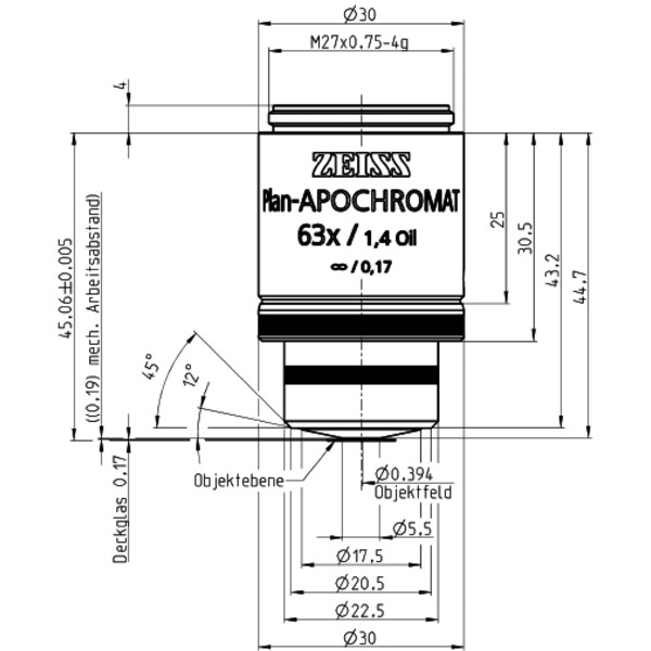 Objectif ZEISS Objektiv Plan-Apochromat,  incl. 100 cover glasses,63x/1,4 Oil incl. wd=0,19mm