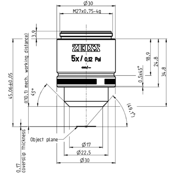 Objectif ZEISS Objektiv A-Plan 5x/0,12 Pol wd=10,1mm