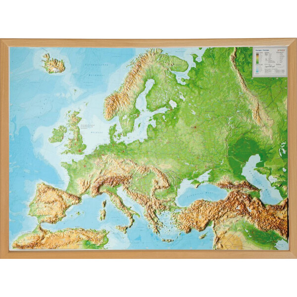 Georelief L'Europe grand format, carte en relief 3D avec cadre en bois