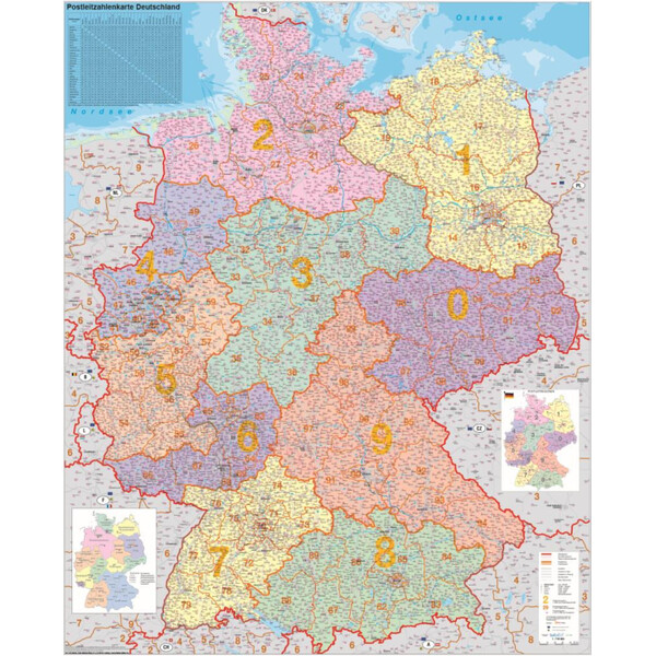 Stiefel Carte de l'Allemagne avec codes postaux, politique (100 cm x 140 cm)