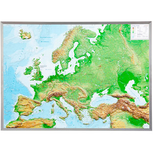 Georelief Kontinentkarte Europa (77x57) 3D Reliefkarte mit Alu-Rahmen