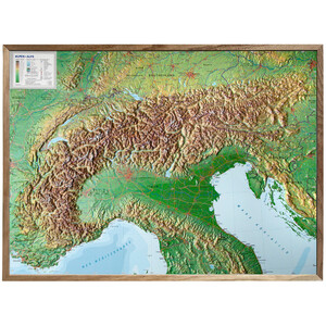 Georelief L'Arc Alpin grand format, carte géographique en relief 3D avec cadre en bois