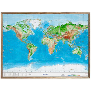 Georelief Weltkarte 3D Reliefkarte mit Holzrahmen (77 x 57 cm)