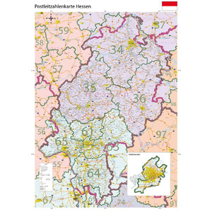 GeoMetro Regional-Karte Hessen Postleitzahlen PLZ (100 x 140 cm)