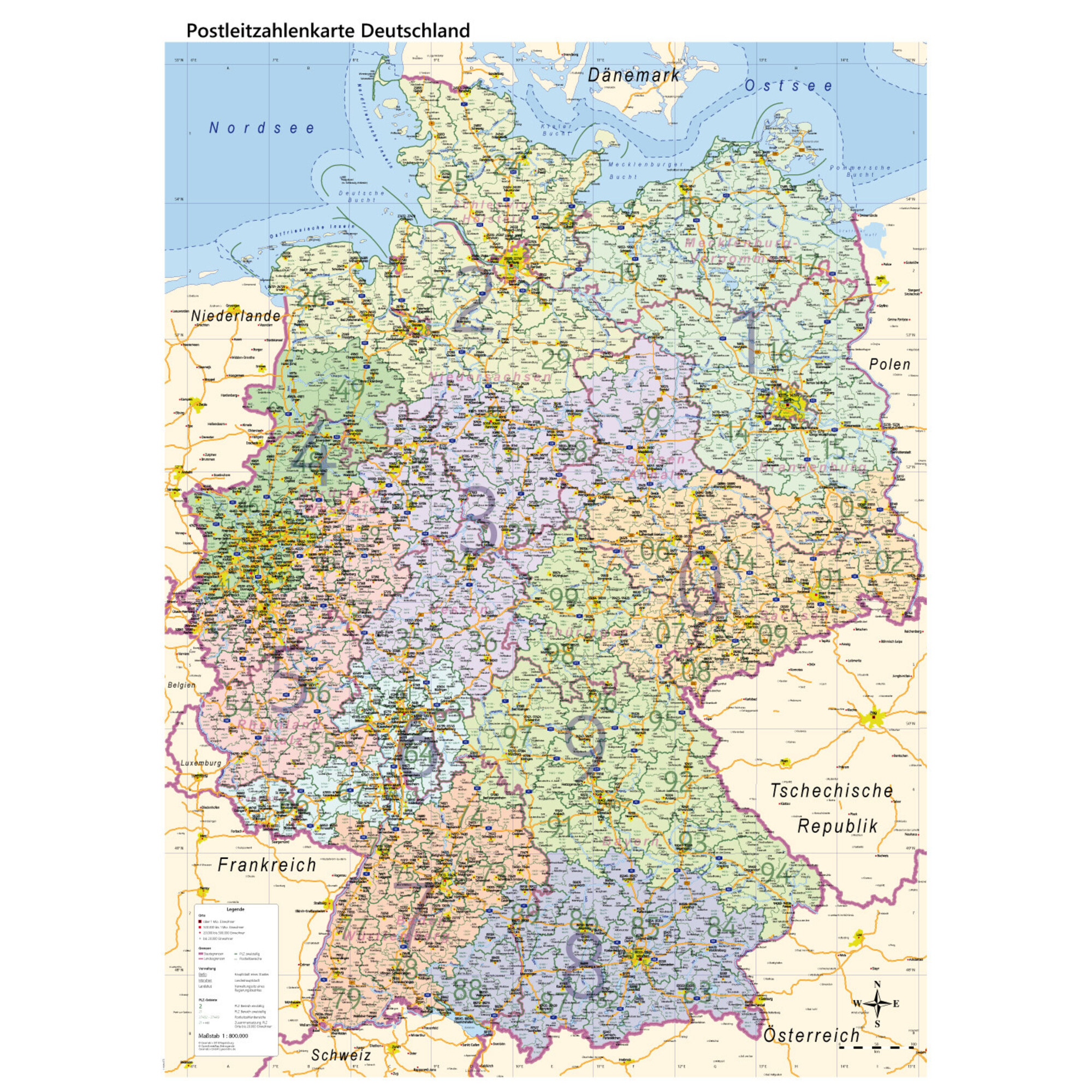 GeoMetro Landkarte Deutschland politisch mit Postleitzahlen PLZ (84 x