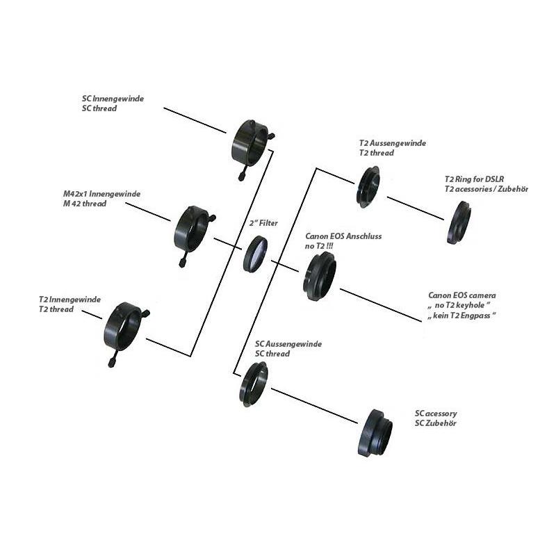 Adaptateur appareil-photo TS Optics Fixation tournante T2 femelle (côté télescope) et baïonnette Canon EOS  (côté appareil photo)