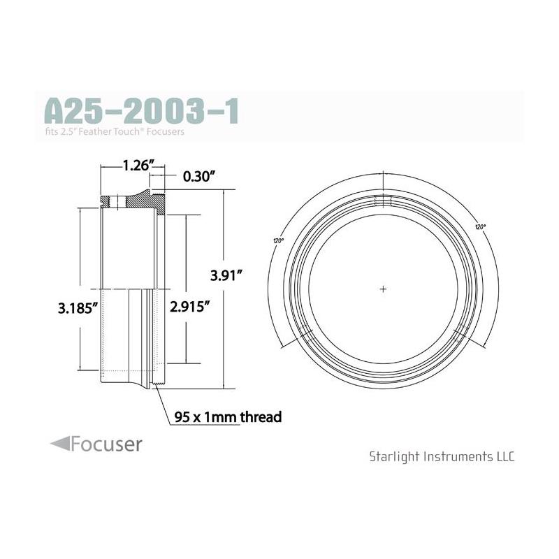 Starlight Instruments Adaptateur 63,5 mm - Filetage mâle 95x1mm - 22,86 mm L (Ceci est notre collet à couplage teflon pour la série FTF25)